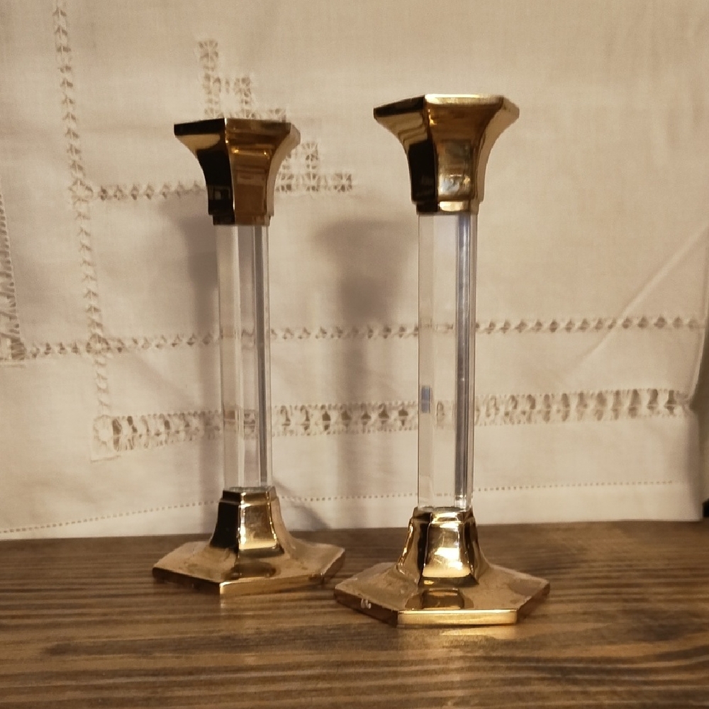 Elegant Brass and Lucite Candle Holders